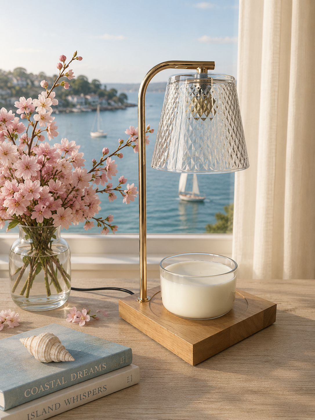 Coastal Charm wickless candle in coastal inspired home setting