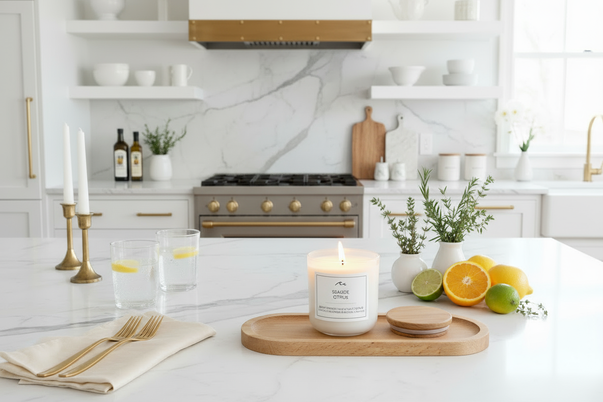 Beechwood Tray & Lit Seaside Citrus Candle - Single Wick