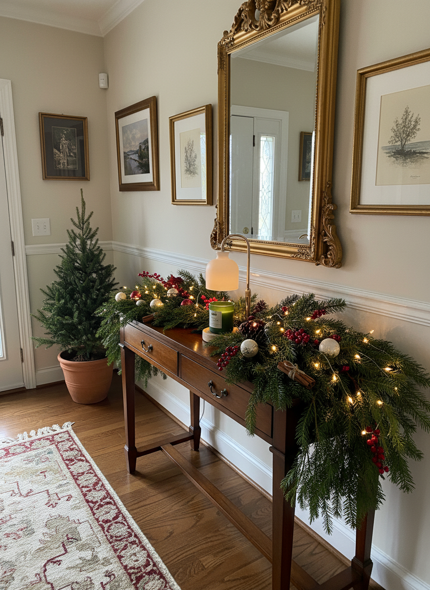 White Candle Warmer Lamp - Festive Hallway with Evergreens