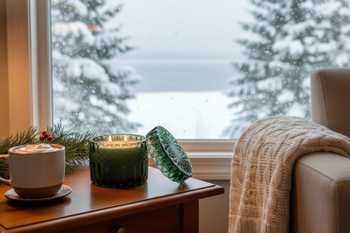 Green Candle - Cozy Winter Scene with Snow